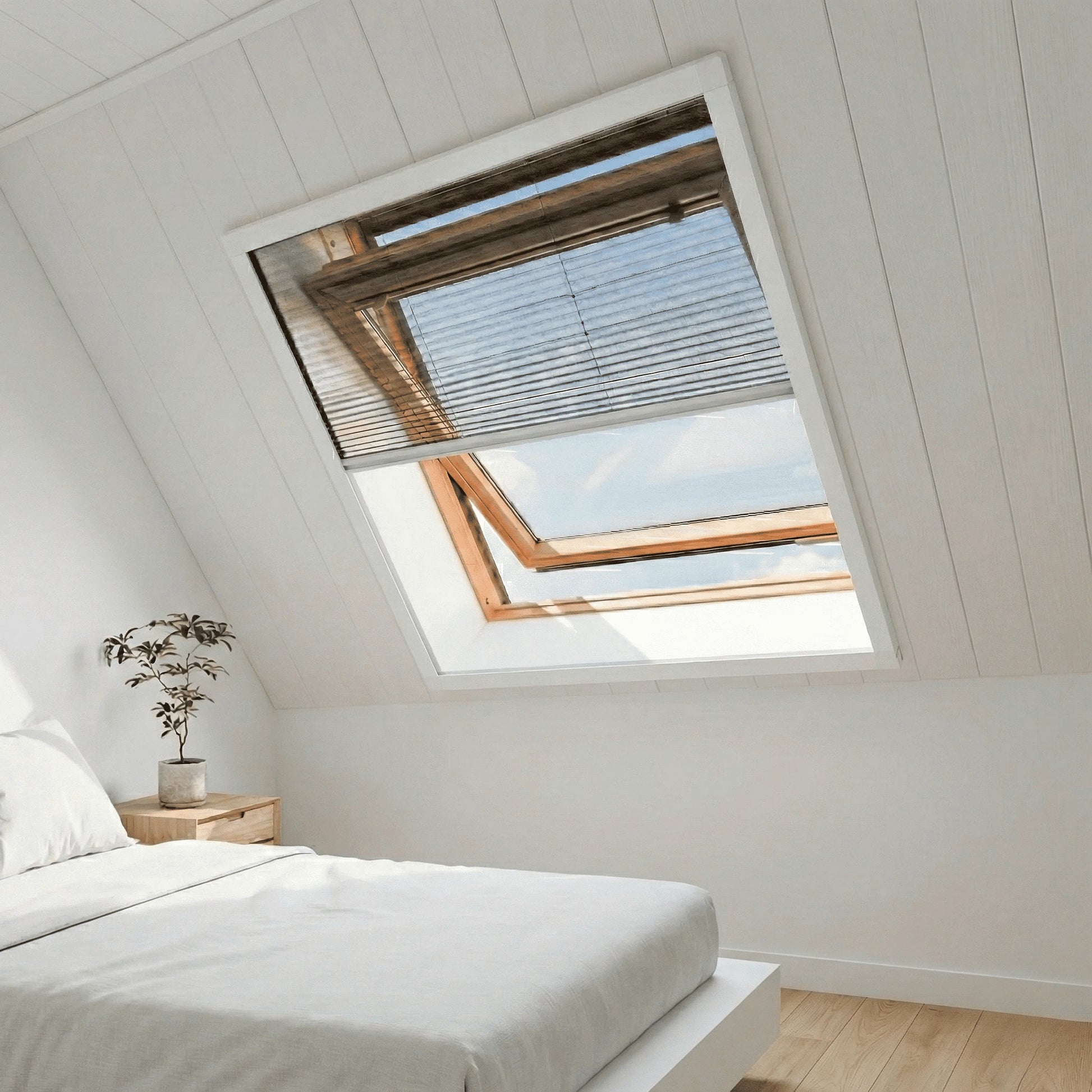 Een modern wit interieur van een slaapkamer onder een schuin dak met een houten dakraam. Het raam staat op een kier en is voorzien van een witte insectenhor en een plissé-rolgordijn. Naast het bed staat een nachtkastje met een kleine kamerplant.