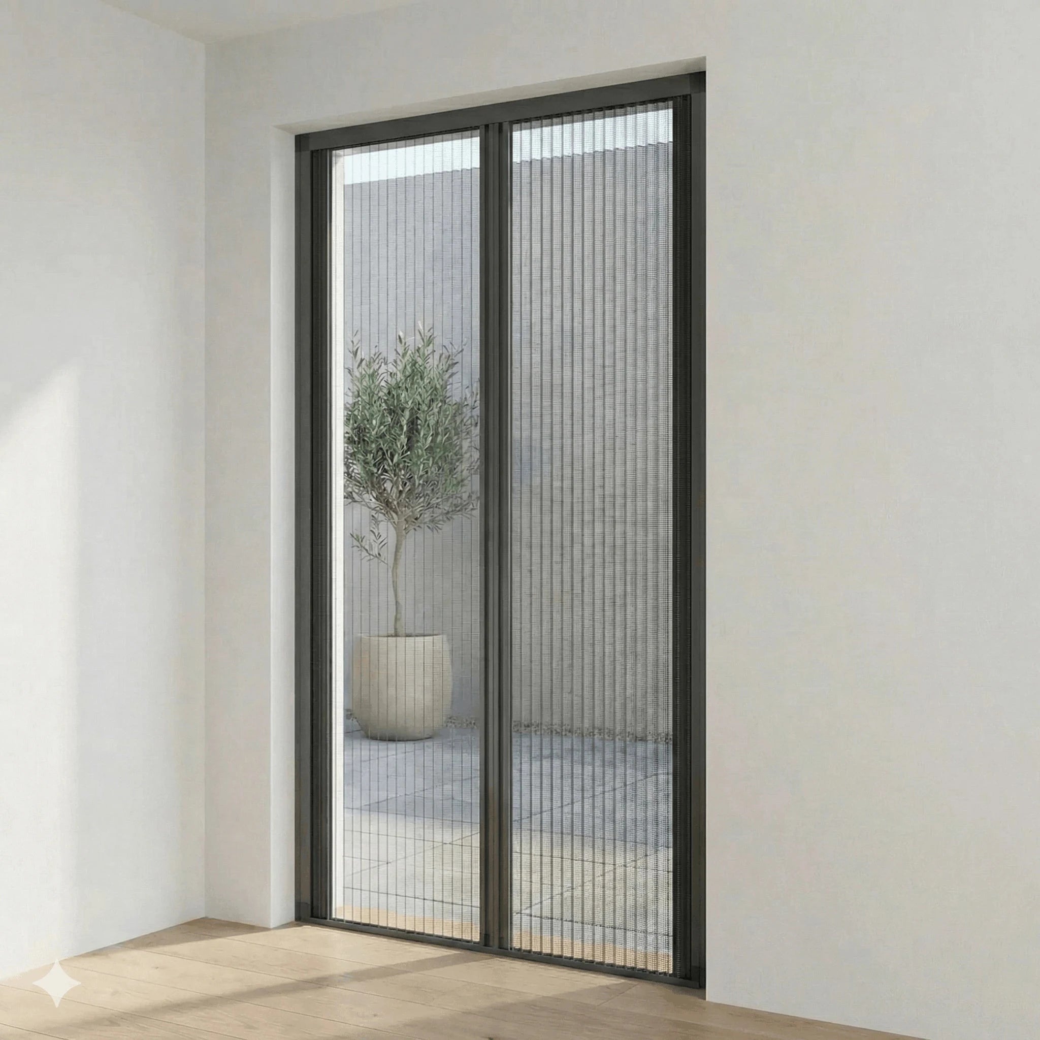 Dubbele plissé hordeur in antraciet aluminium frame gemonteerd in een brede deuropening, geschikt voor openslaande deuren.
