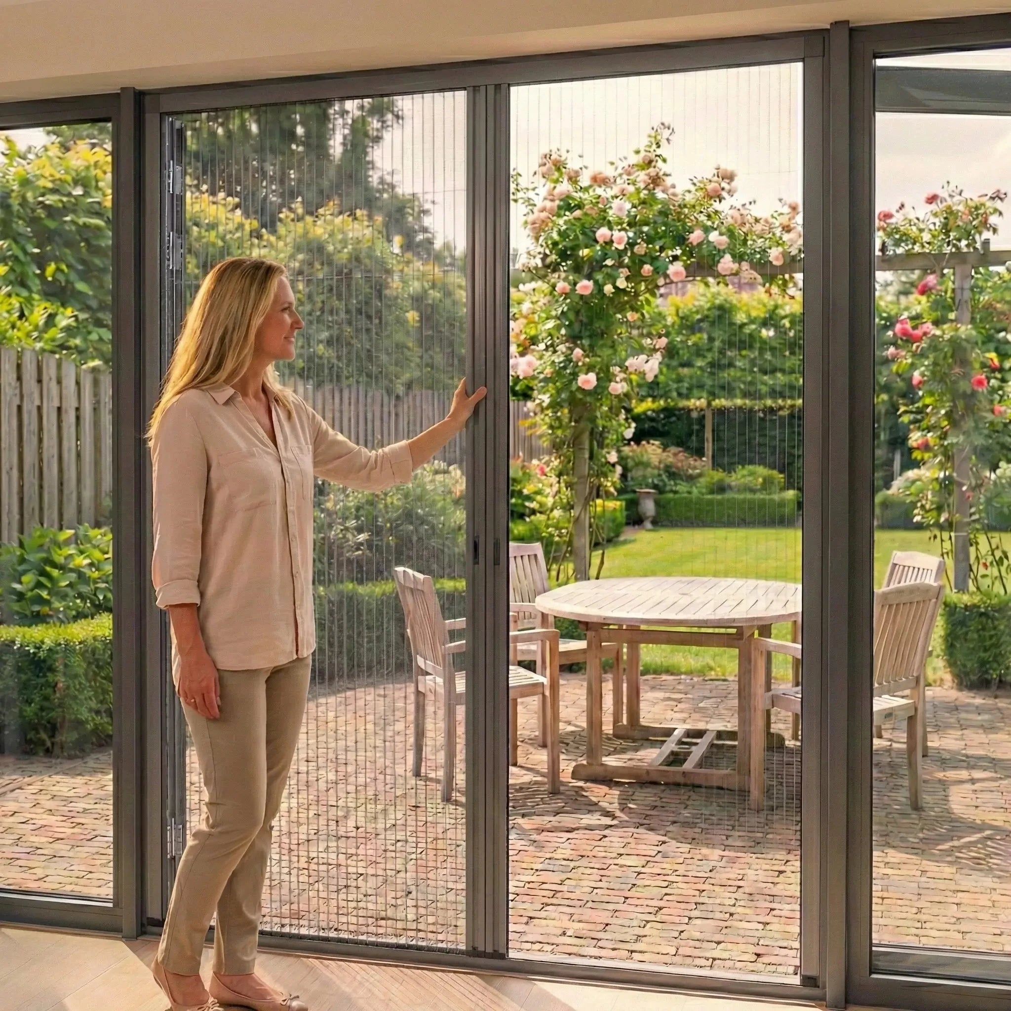 Dubbele plissé hordeur in antraciet frame voor een brede schuifpui naar de tuin, ideaal voor ventilatie zonder insecten.
