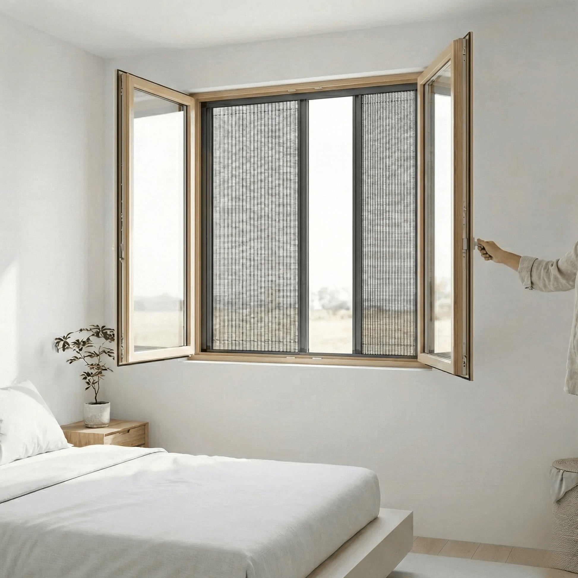 Dubbele plissé raamhor met antraciet aluminium frame en fijn gaas, geschikt voor brede naar binnen openslaande ramen.
