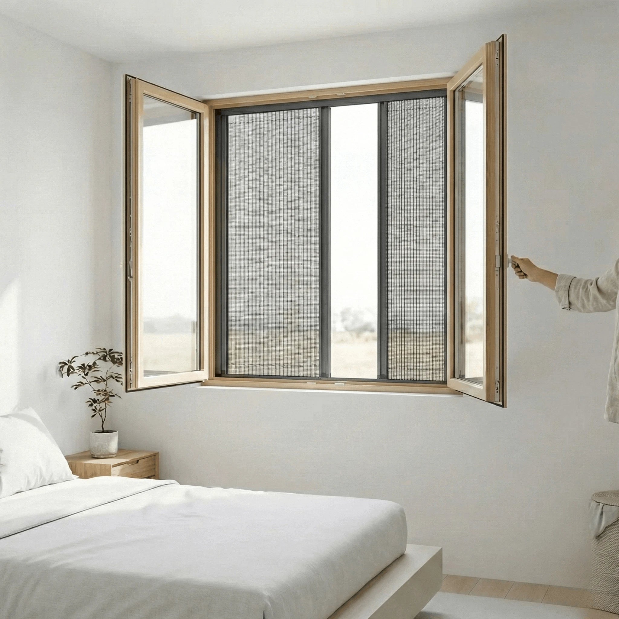 Dubbele plissé raamhor met antraciet aluminium frame en fijn gaas, geschikt voor brede naar binnen openslaande ramen.
