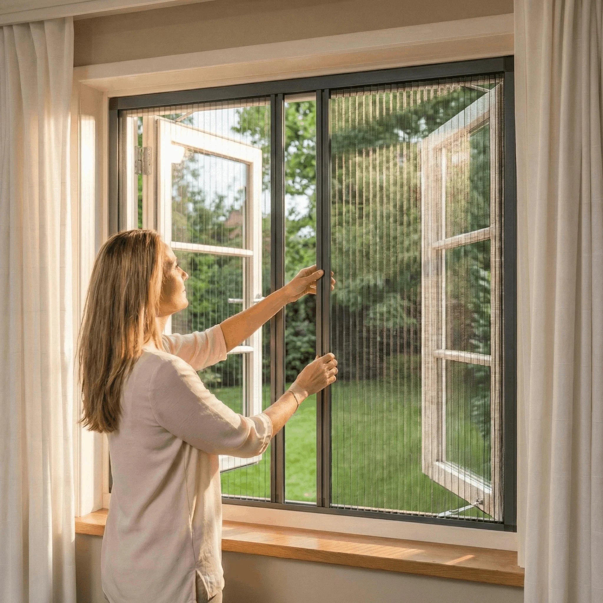 Dubbele plissé raamhor in antraciet frame geplaatst in een draaikiepraam in de slaapkamer, ventileren zonder insecten.