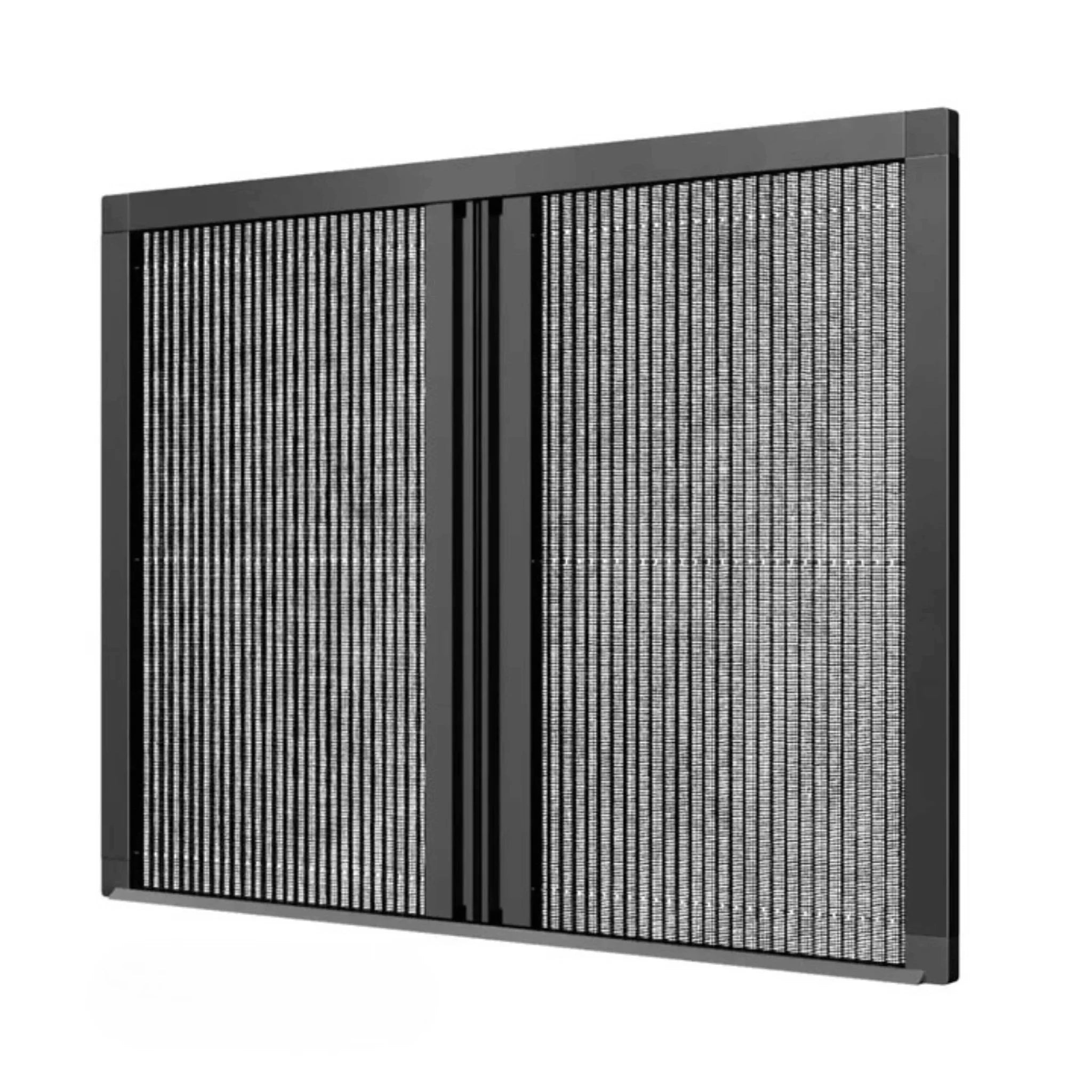 Dubbele plissé hordeur in antraciet aluminium frame, volledig gesloten, geschikt voor brede deuropeningen en schuifpuien.
