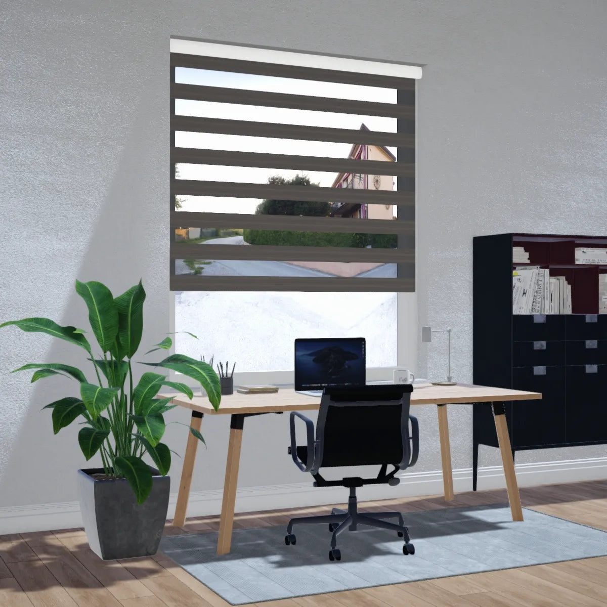 duo rolgordijn lichtdoorlatend elite donkergrijs luxe moderne raamdecoratie met subtiel patroon en optimale lichtinval