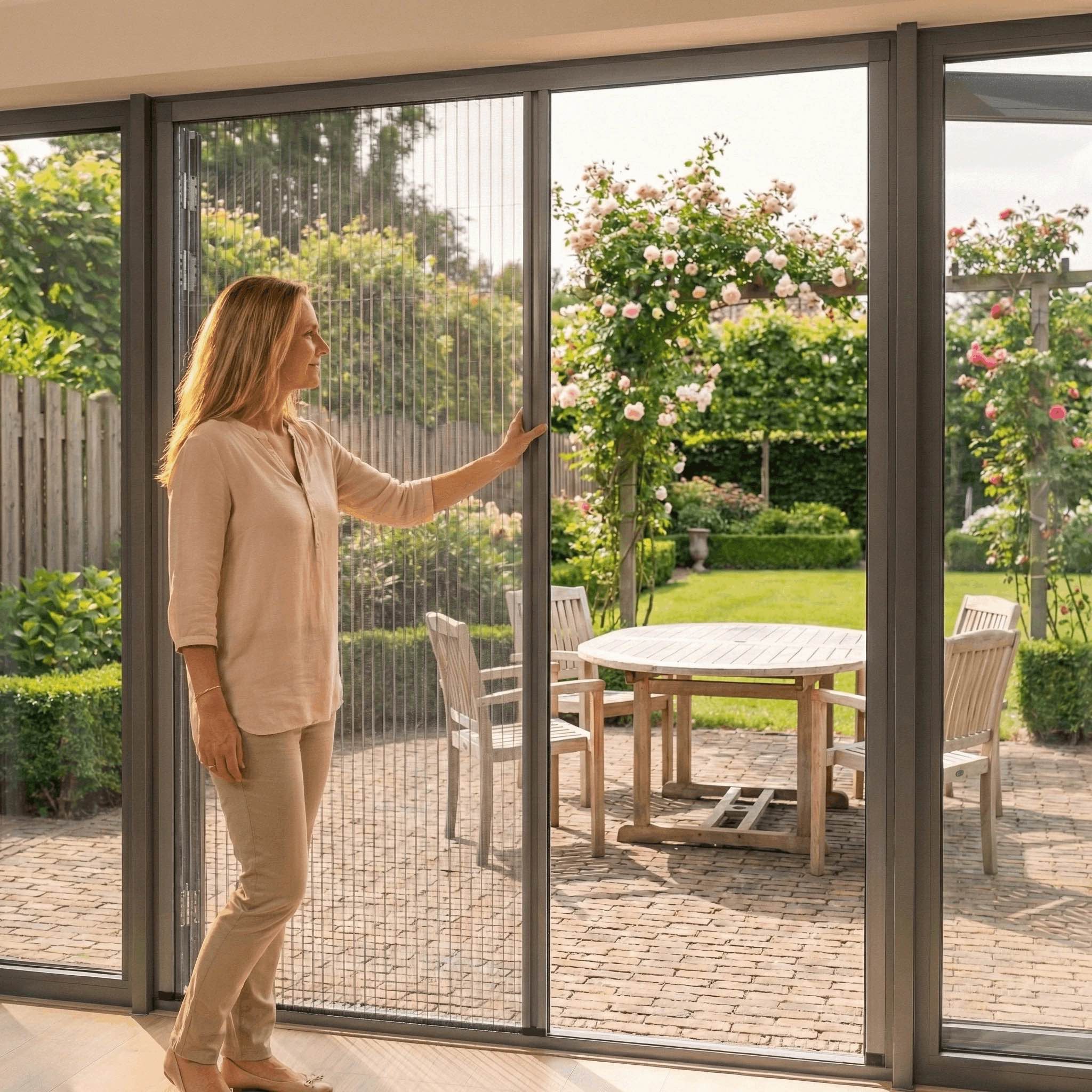 Plissé hordeur in antraciet frame voor een schuifpui naar de tuin, eenvoudig te bedienen voor ventilatie zonder insecten.