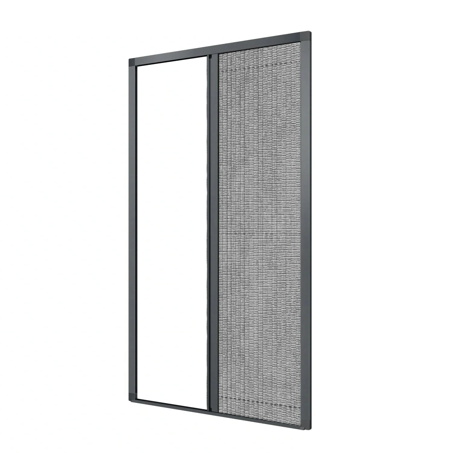 Plissé hordeur in antraciet frame gemonteerd in een deuropening, houdt insecten buiten terwijl de deur openstaat.
