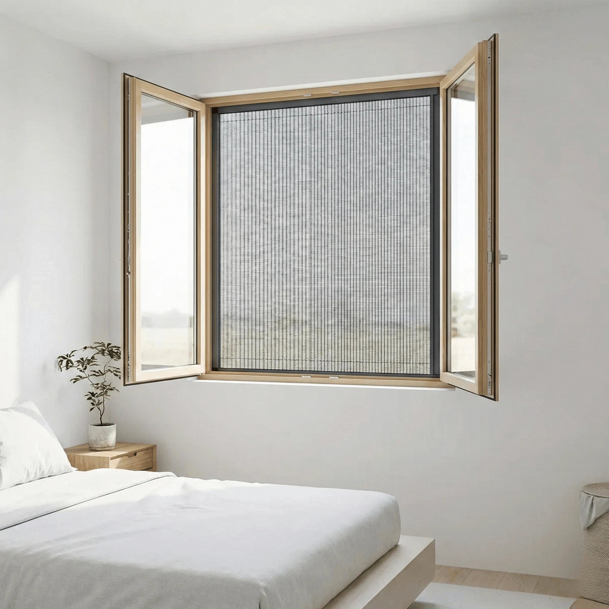 Plissé raamhor met fijn gaas en antraciet aluminium frame, gemonteerd in een naar binnen openslaand raam.
