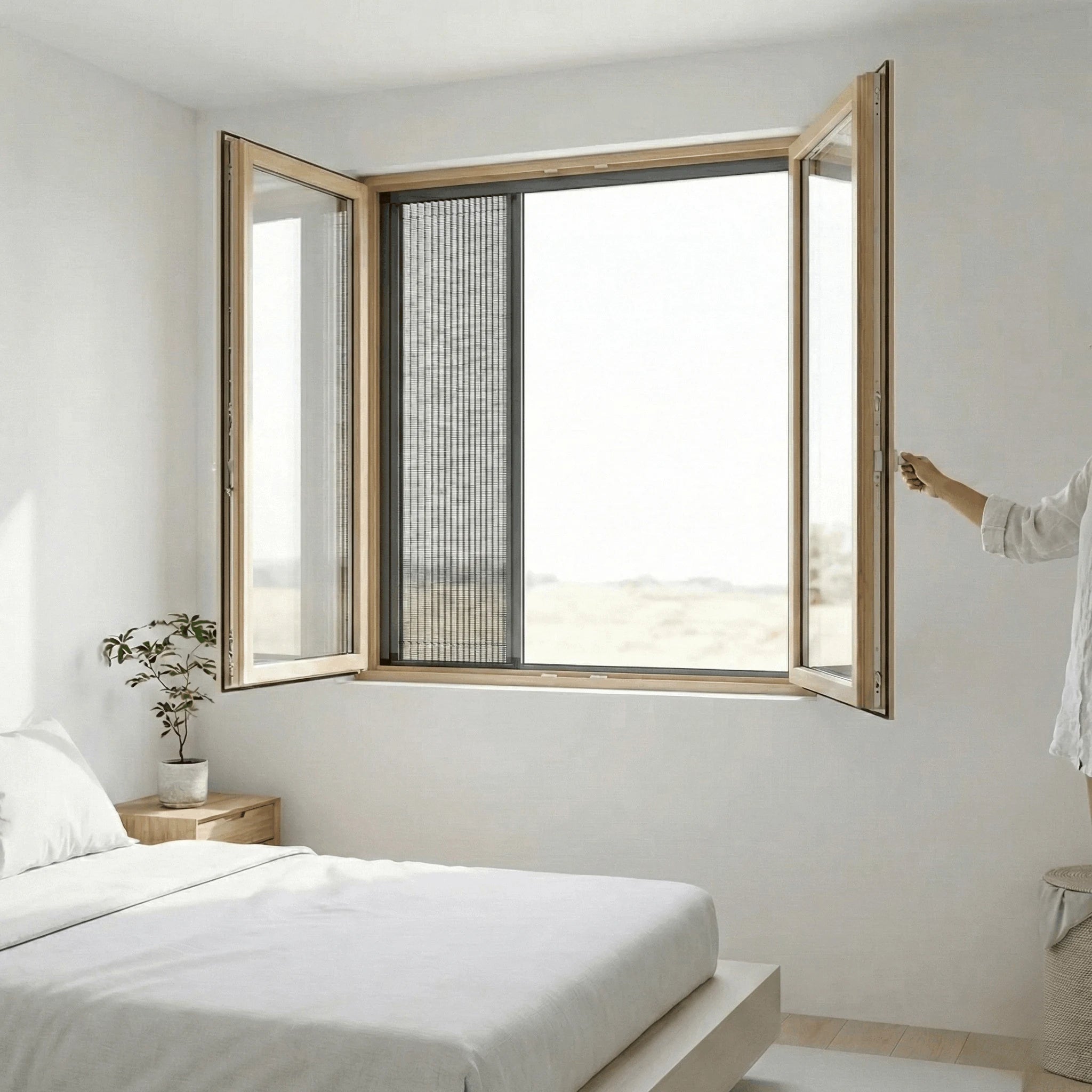 Vrouw bedient een plissé raamhor in antraciet frame bij een geopend raam, ideaal voor ventileren terwijl insecten buiten blijven.
