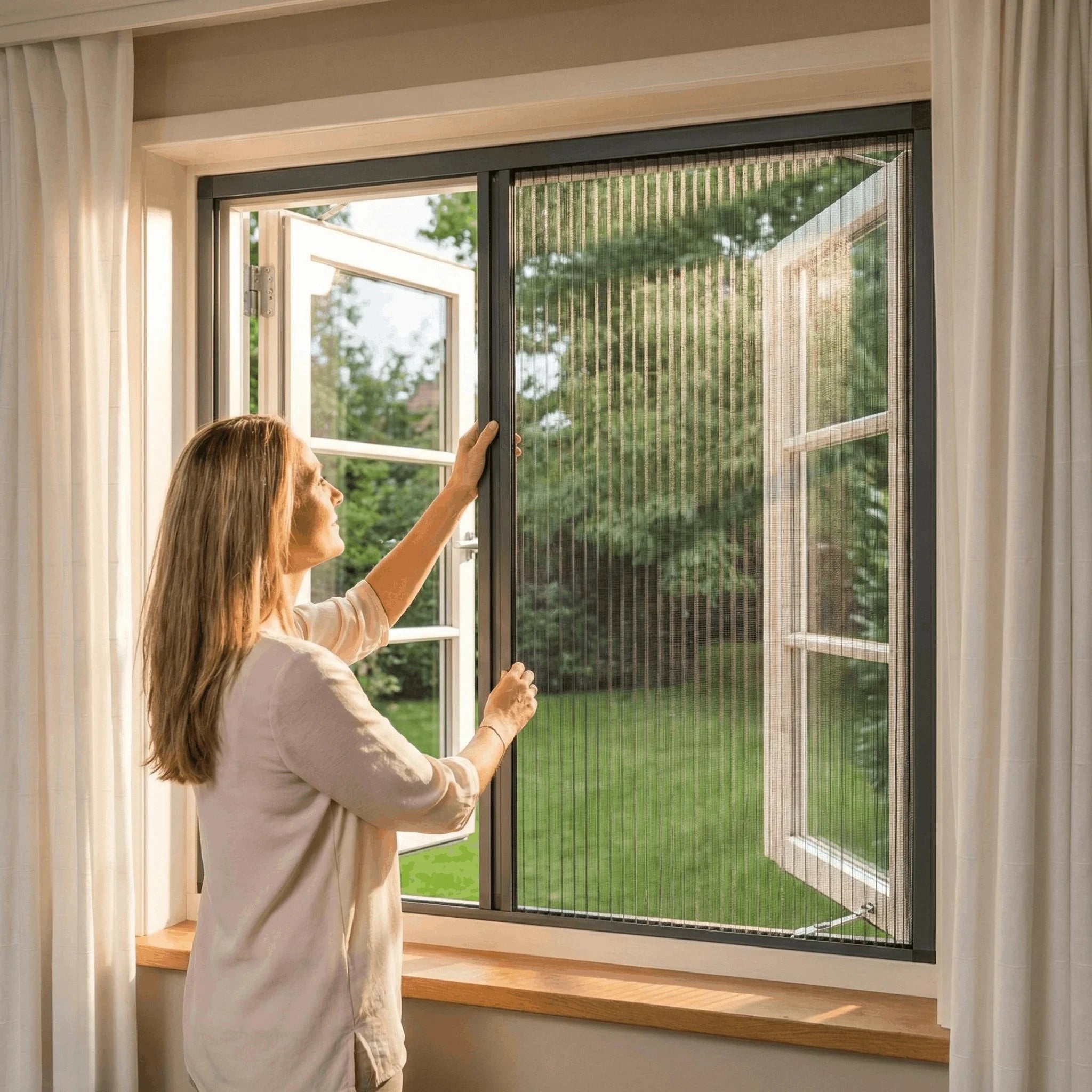 Plissé raamhor in antraciet frame geplaatst in een draaikiepraam in de slaapkamer, met open ramen voor frisse lucht zonder insecten.
