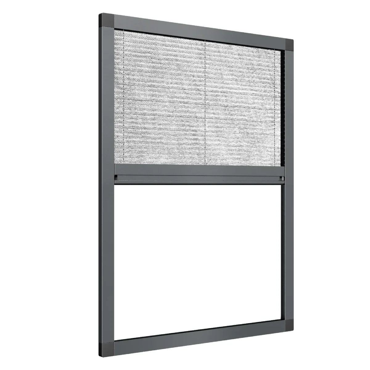 Plissé dakraamhor met antraciet aluminium frame en fijn gaas, geschikt voor montage op een schuin dakraam.
